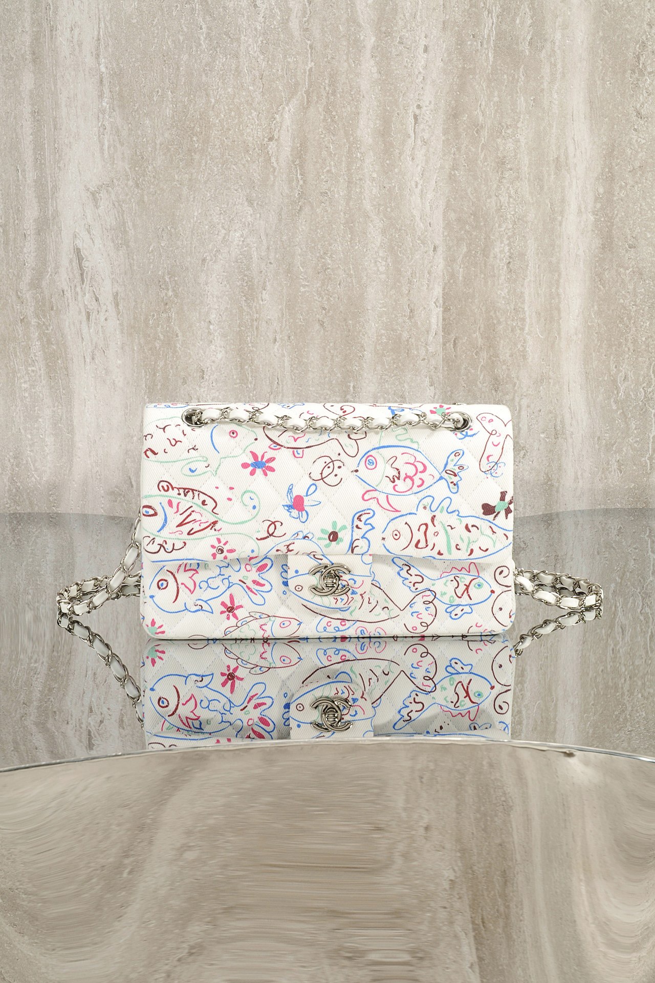 CHANEL Denim Printed Fish Quilted Medium Double Flap - image 2