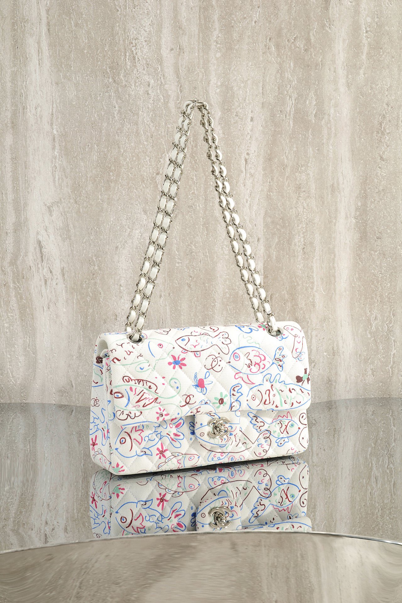 CHANEL Denim Printed Fish Quilted Medium Double Flap - image 4