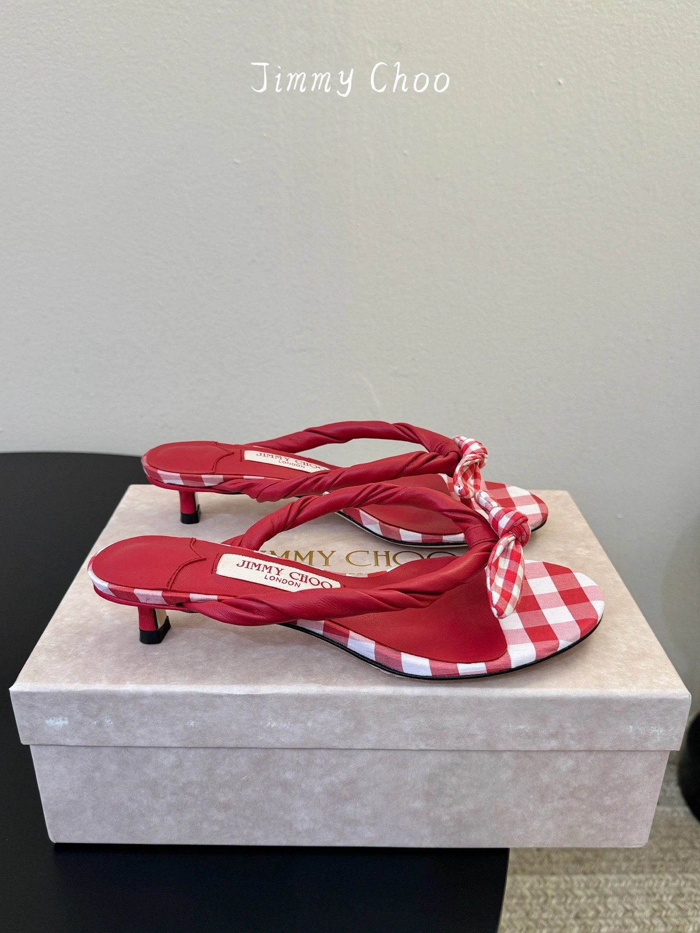 JIMMYCHOO Ruby Red Mix Mixed Gingham Cotton Mule Sandals with Gingham Bow - image 3
