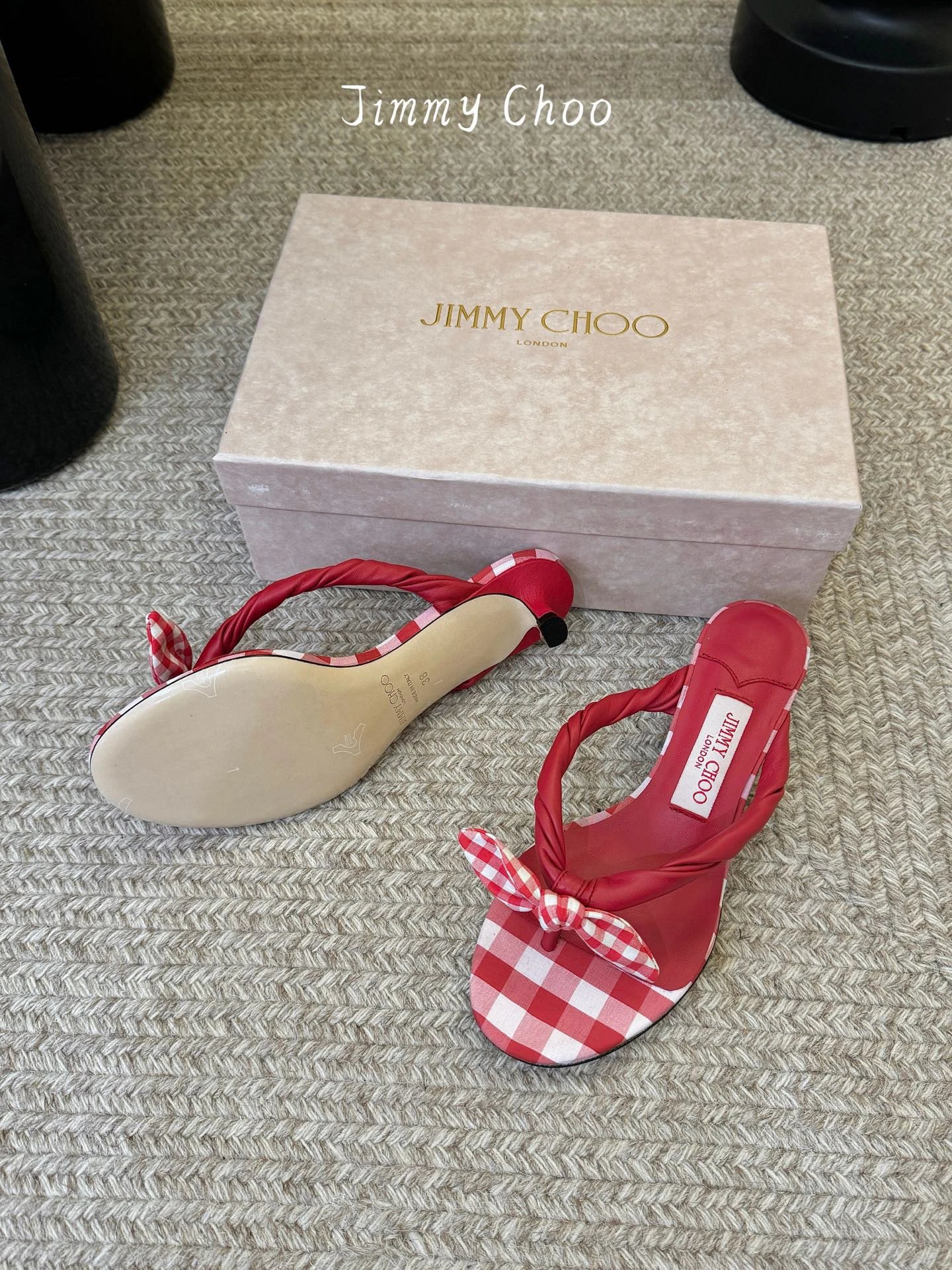 JIMMYCHOO Ruby Red Mix Mixed Gingham Cotton Mule Sandals with Gingham Bow - image 4