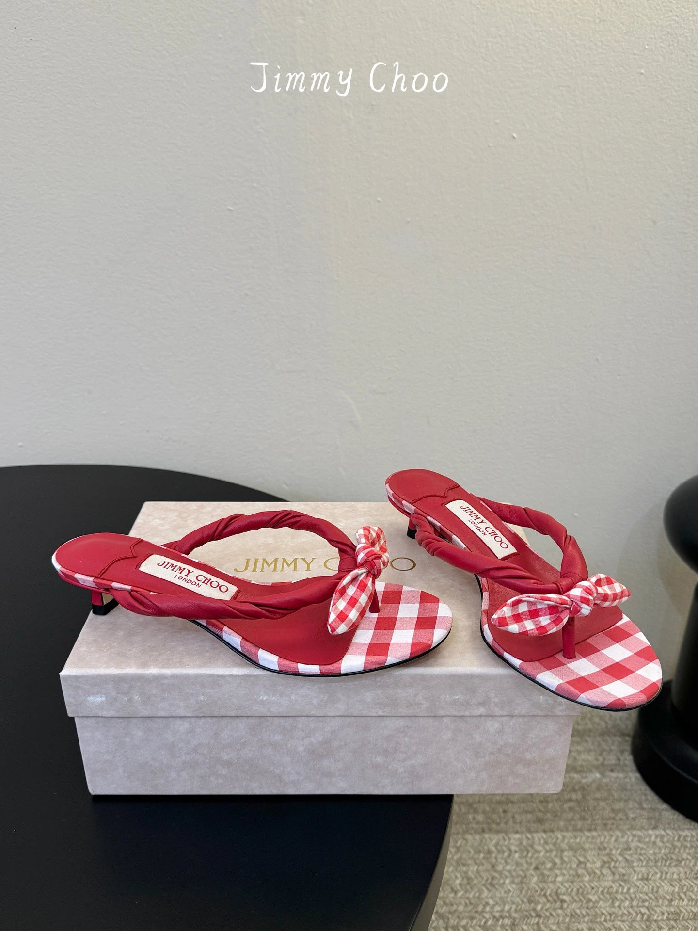 JIMMYCHOO Ruby Red Mix Mixed Gingham Cotton Mule Sandals with Gingham Bow - image 5