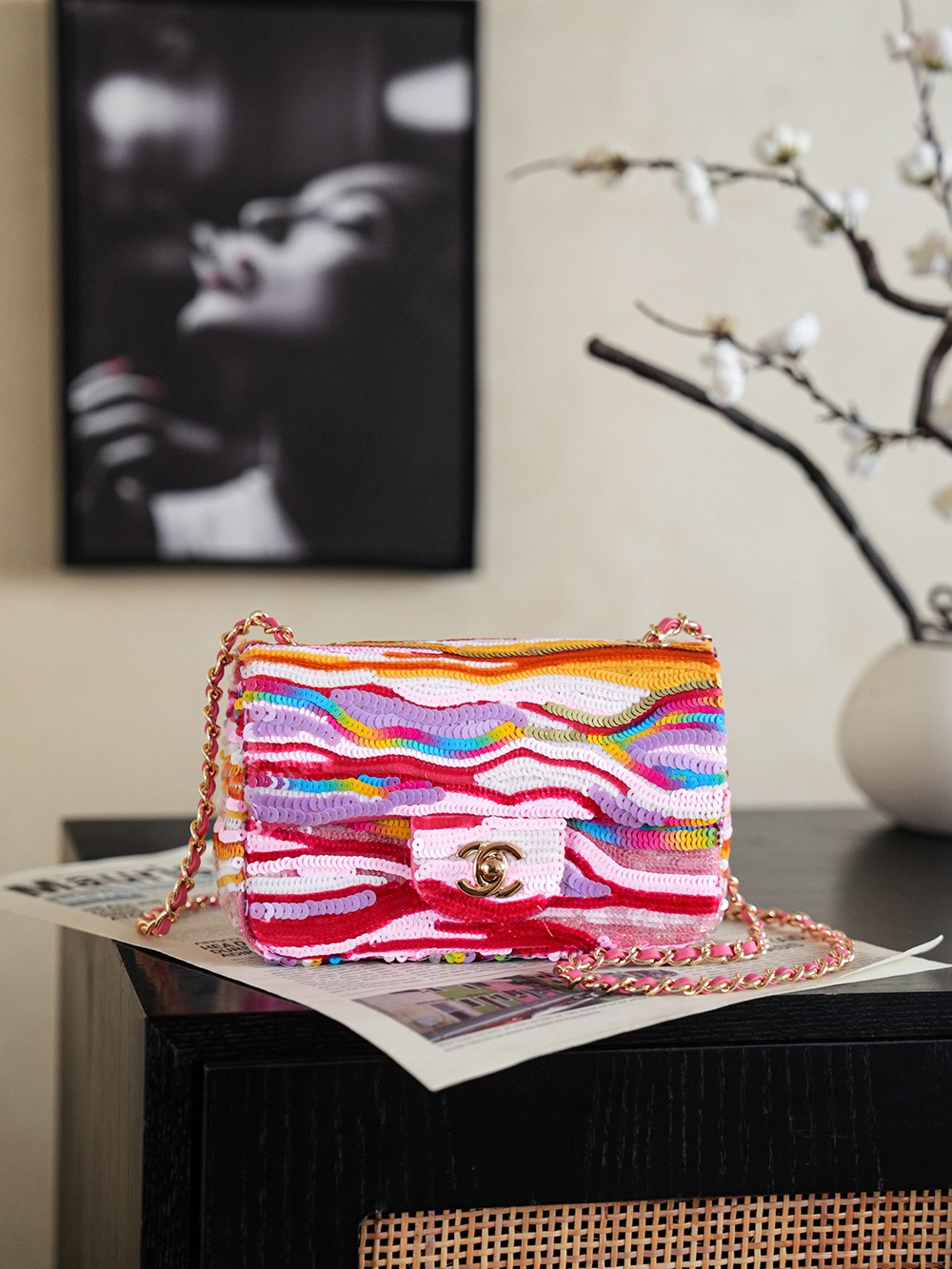 CHANEL Mini flap bag, Embroidered satin, sequins - image 2
