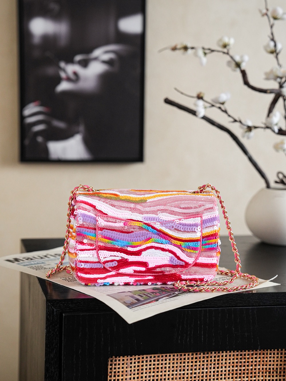 CHANEL Mini flap bag, Embroidered satin, sequins - image 3