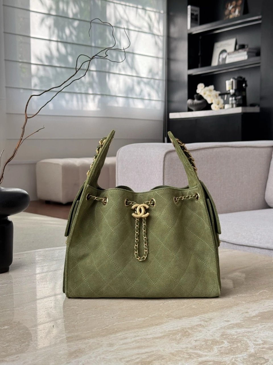CHANEL 25 Hand Bag Suede-Grass Green - image 2