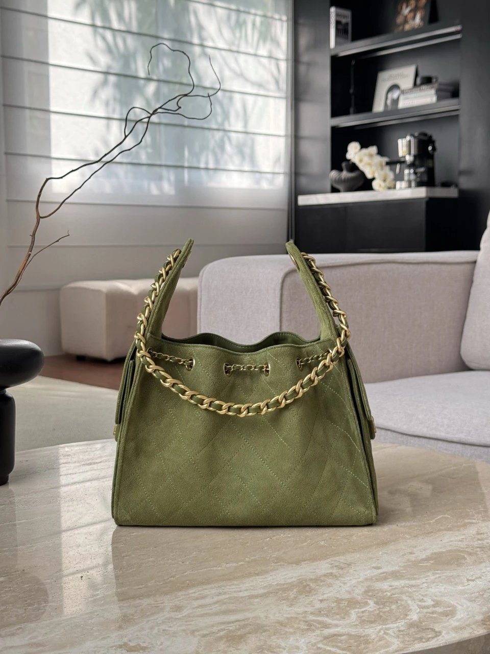 CHANEL 25 Hand Bag Suede-Grass Green - image 4