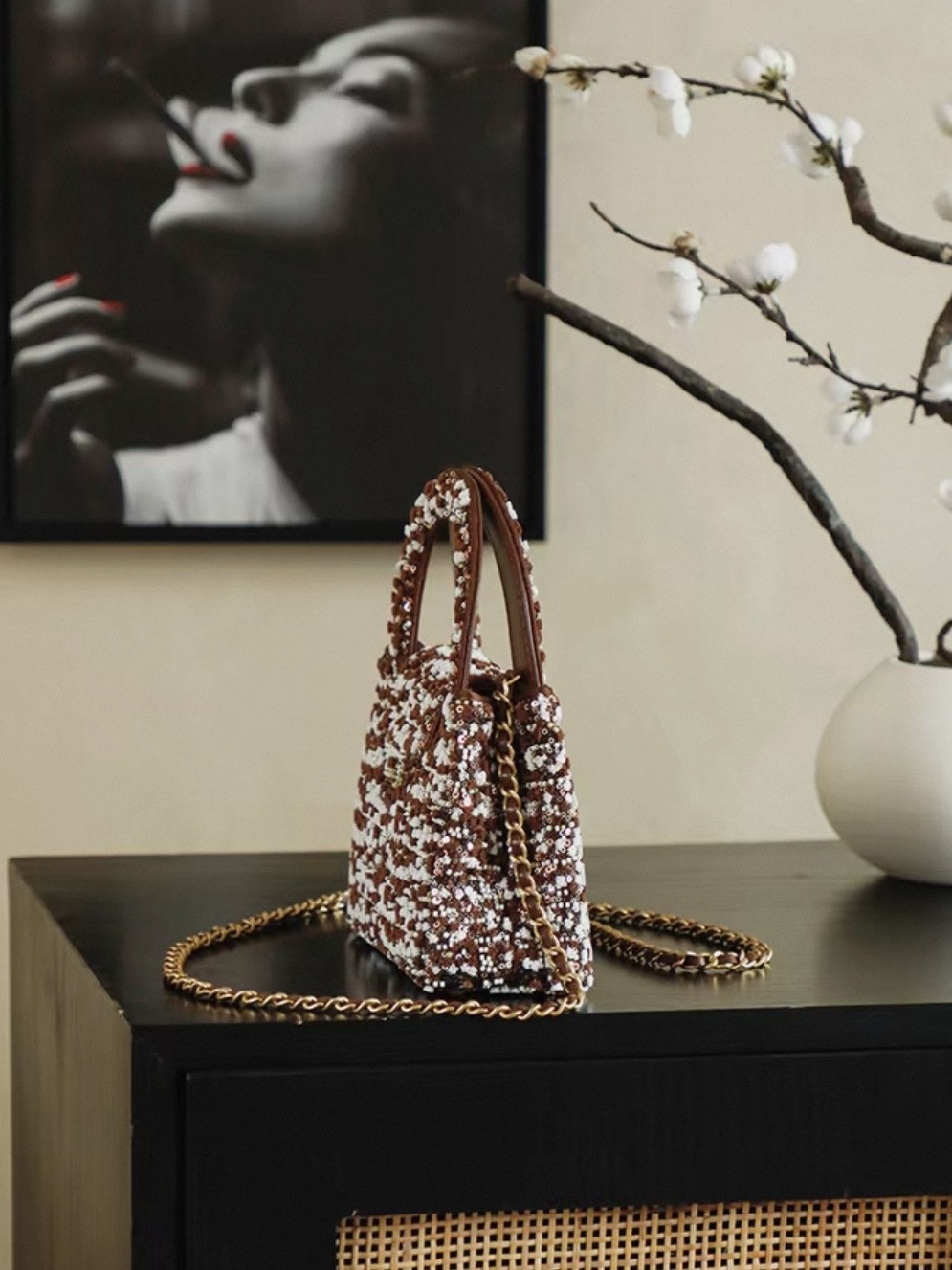 CHANEL Kelly 26c Bag in Brown Base Fabric with Dense Bead and Sequin Embroidery - image 4