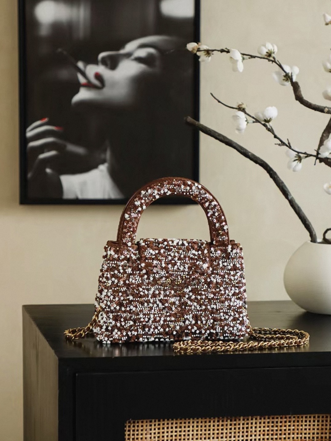 CHANEL Kelly 26c Bag in Brown Base Fabric with Dense Bead and Sequin Embroidery - image 5