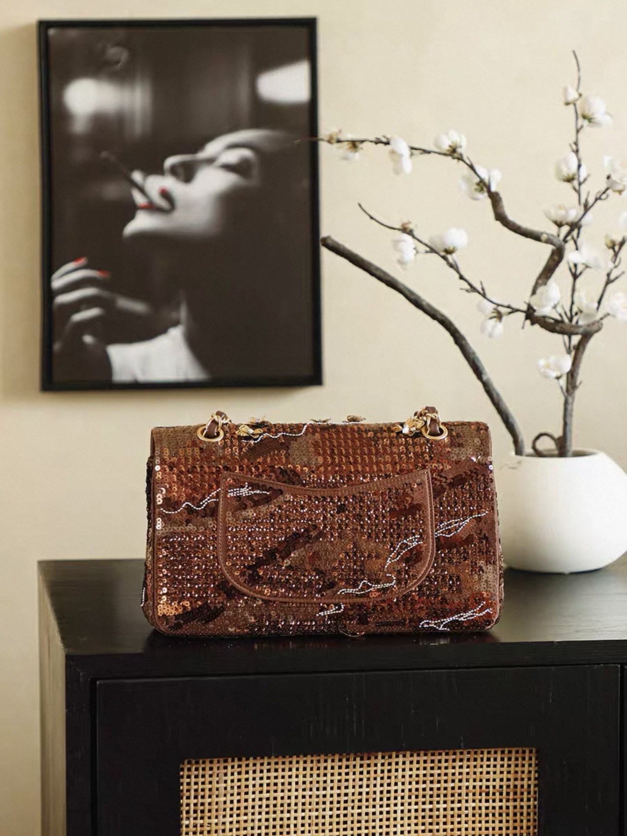 CHANEL Medium Large Classic Flap Bag in Embroidered Satin, Sequins, Glass beads - image 4