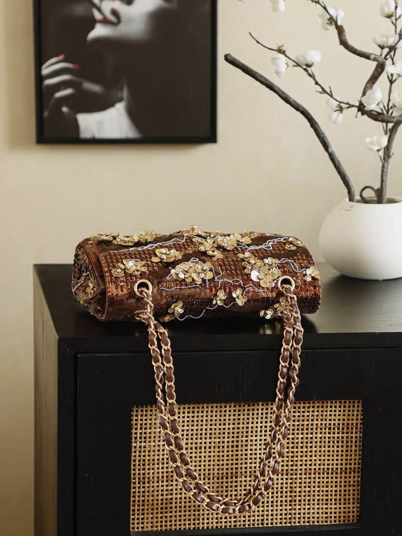 CHANEL Medium Large Classic Flap Bag in Embroidered Satin, Sequins, Glass beads - image 6