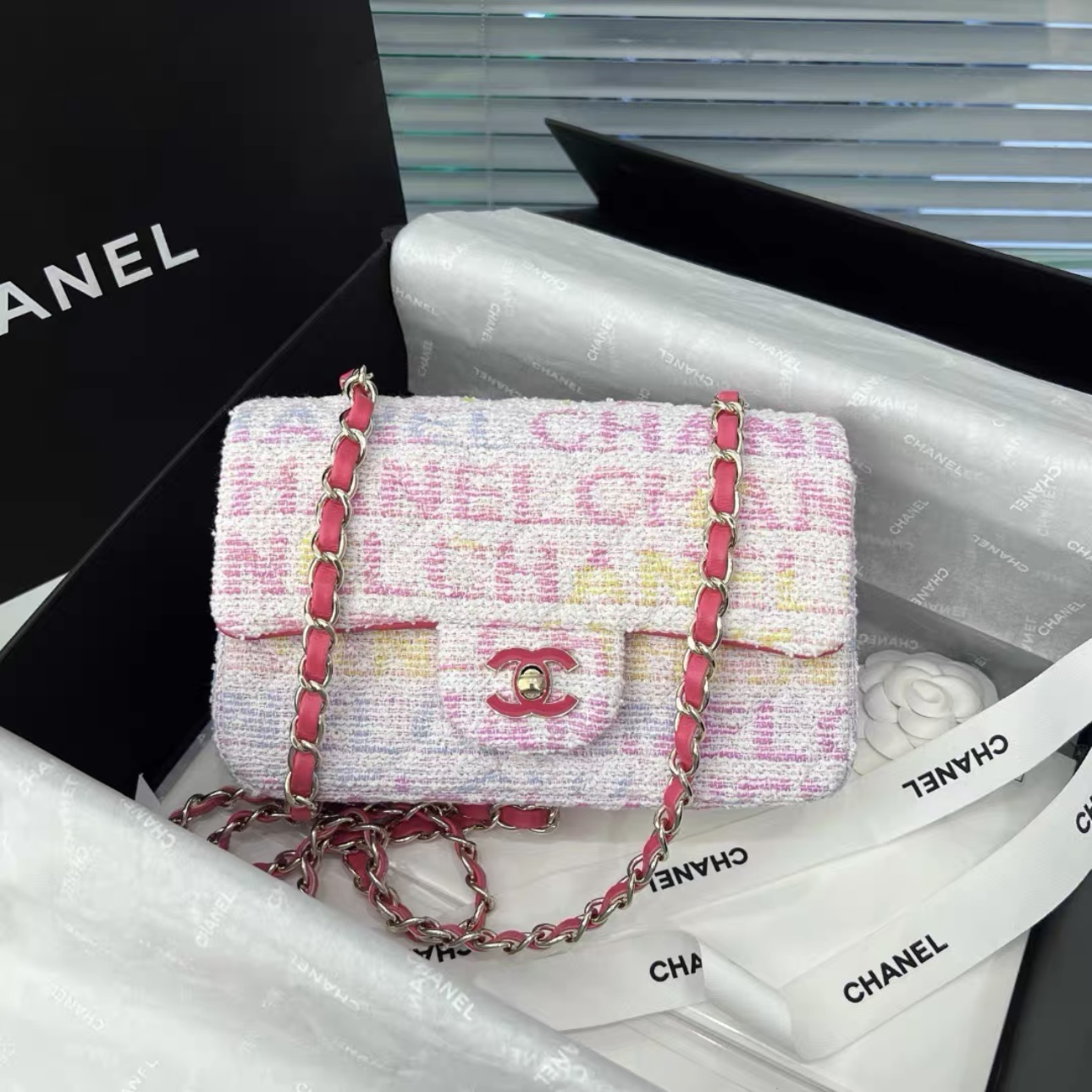 CHANEL Tweed Quilted Mini Rectangular Flap Pink Multicolor - image 2
