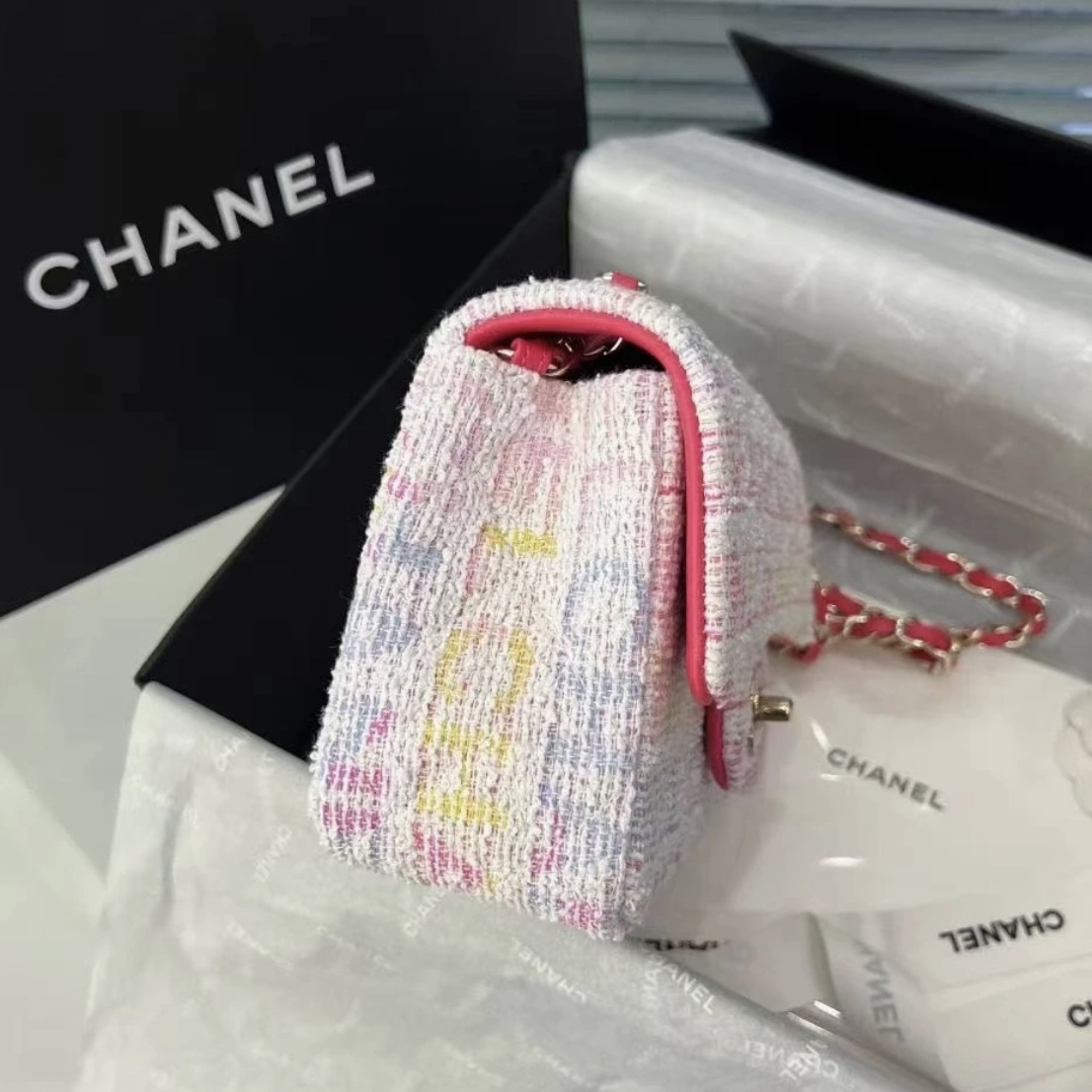 CHANEL Tweed Quilted Mini Rectangular Flap Pink Multicolor - image 4