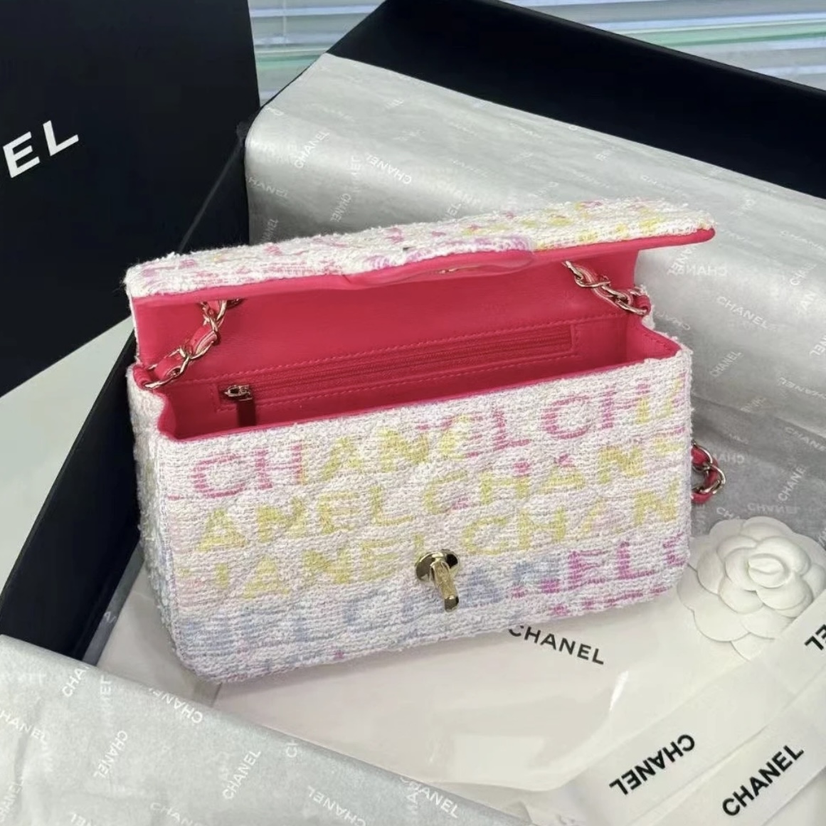 CHANEL Tweed Quilted Mini Rectangular Flap Pink Multicolor - image 6
