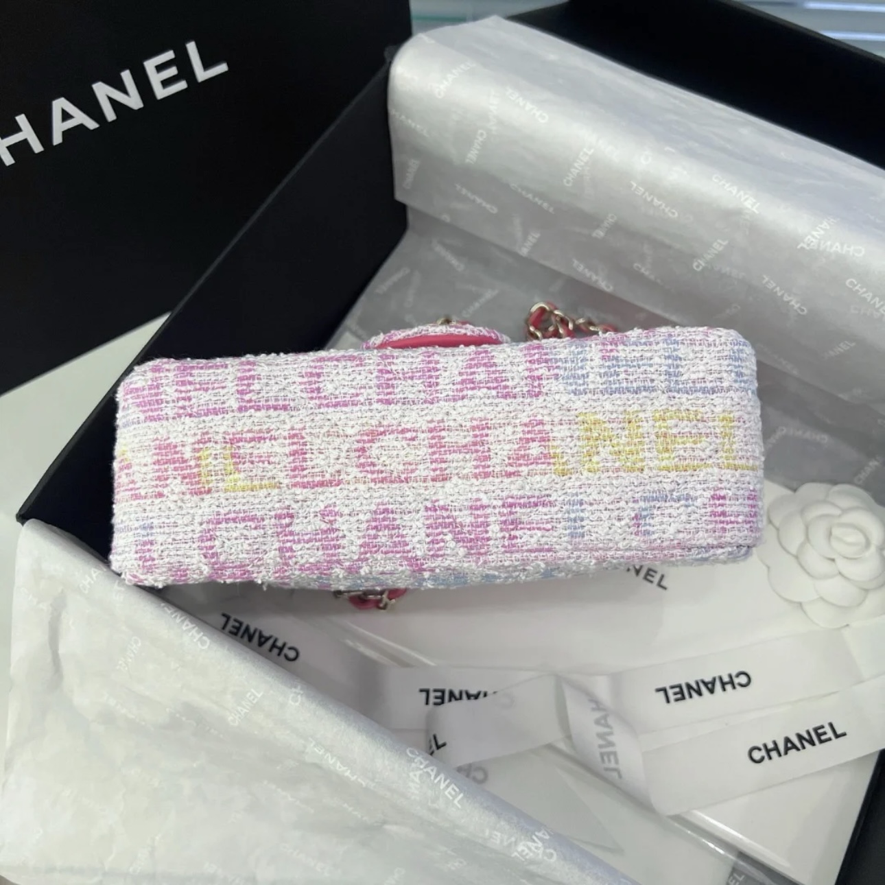CHANEL Tweed Quilted Mini Rectangular Flap Pink Multicolor - image 5