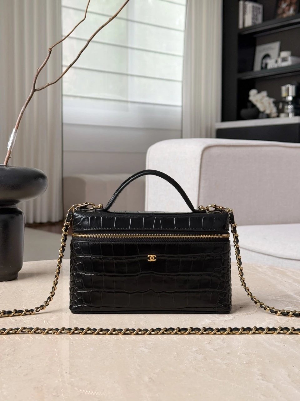 CHANEL Vanity Bag Calfskin Crocodile Embossed Black - image 2
