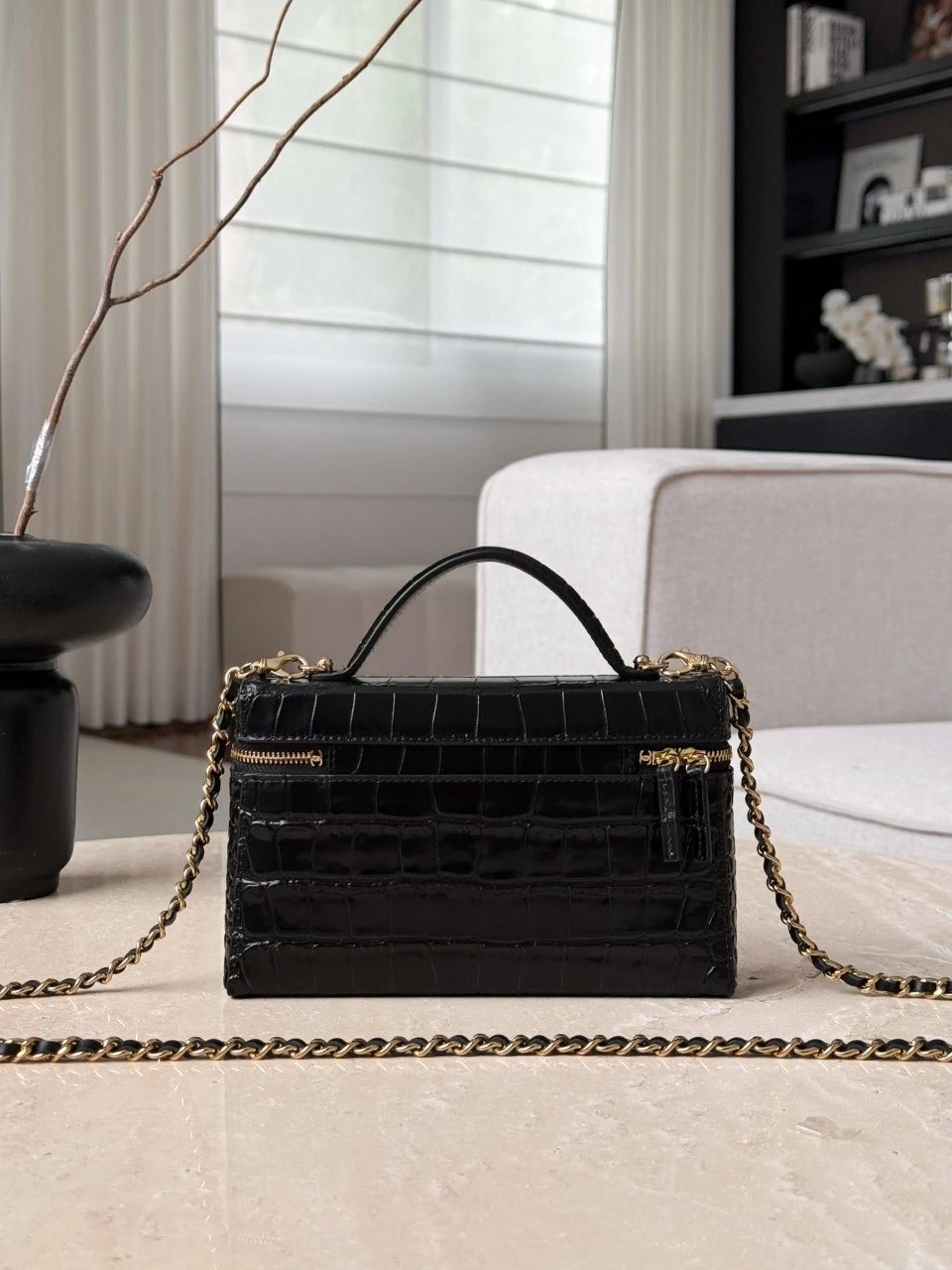 CHANEL Vanity Bag Calfskin Crocodile Embossed Black - image 3