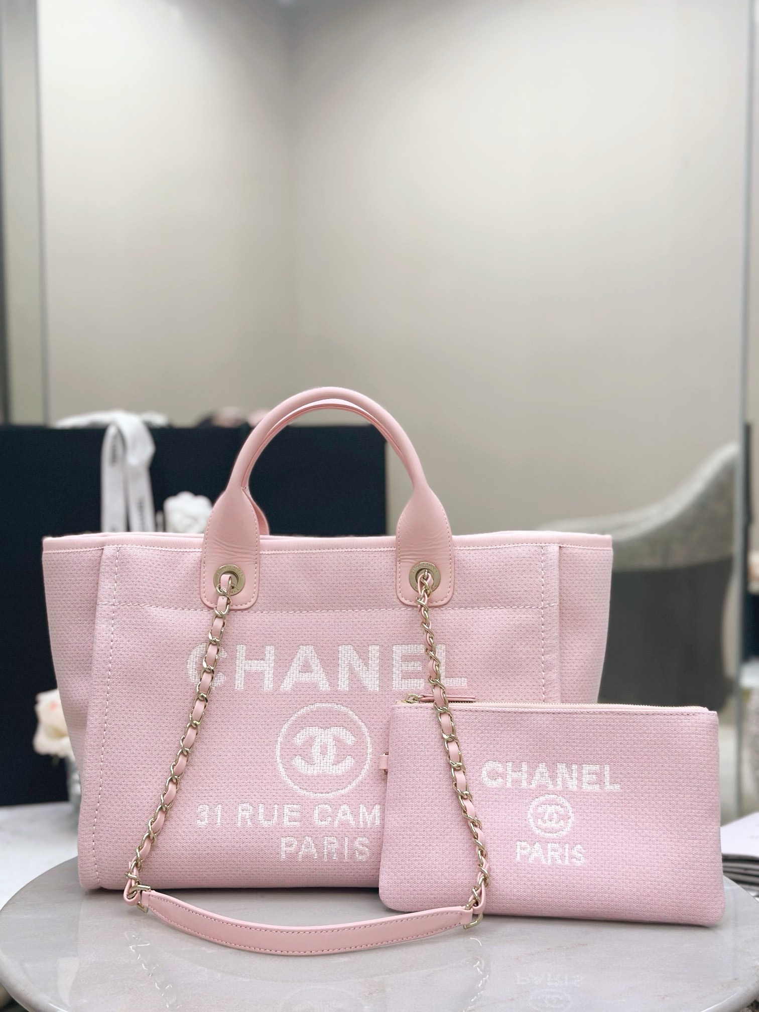 CHANEL Small Deauville Shopping Tote Light Pink Canvas - image 2