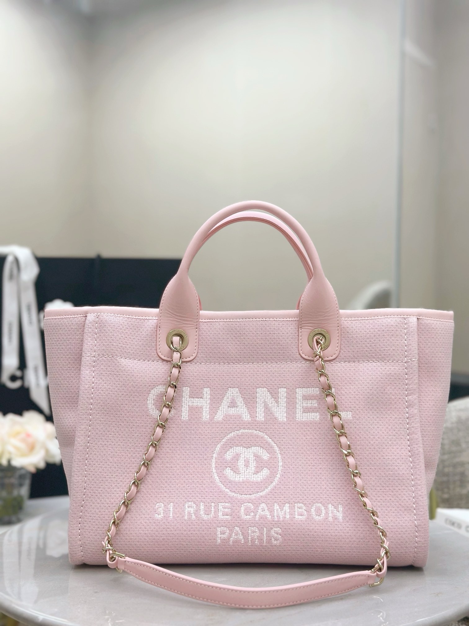 CHANEL Small Deauville Shopping Tote Light Pink Canvas - image 3
