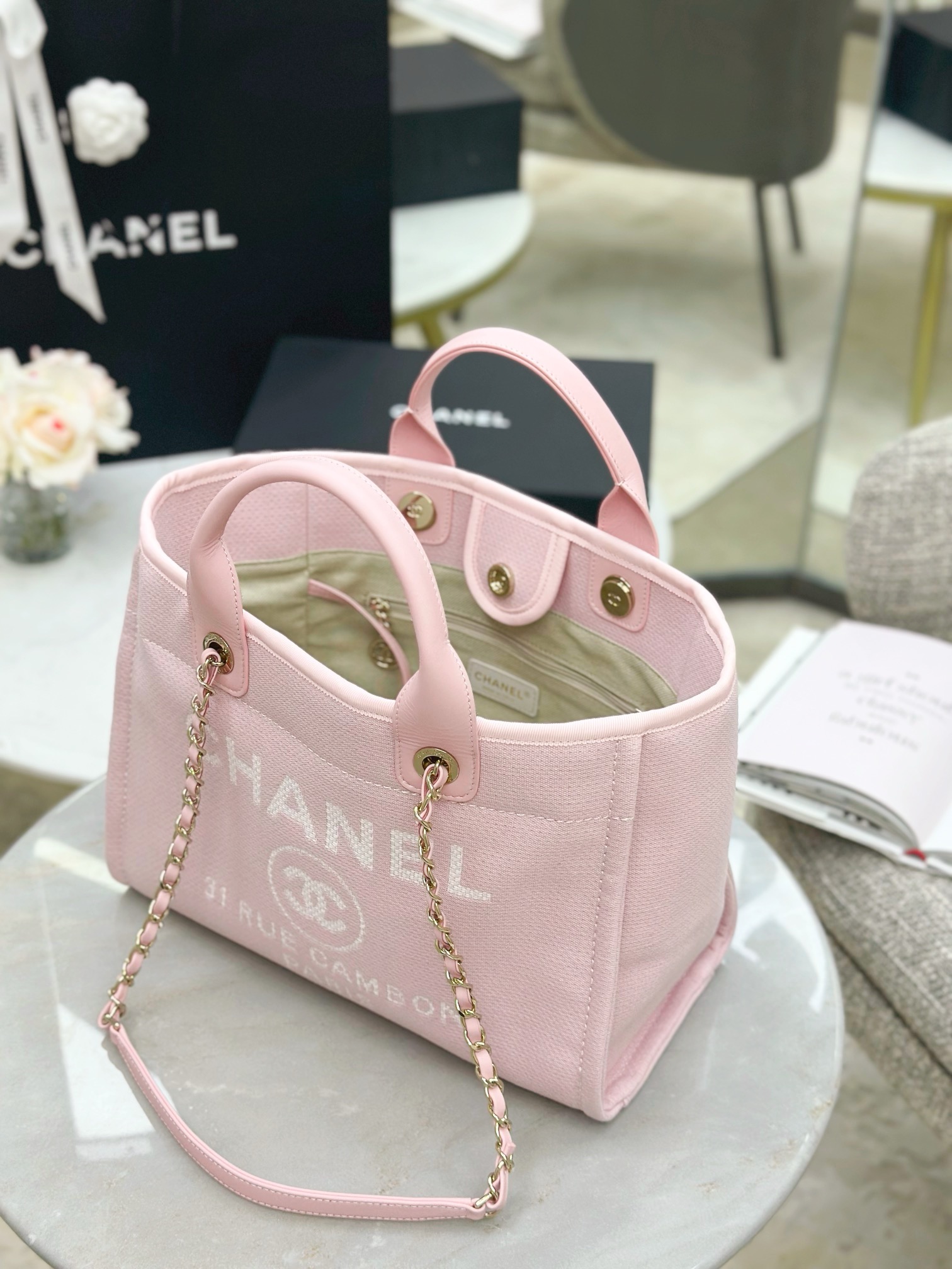 CHANEL Small Deauville Shopping Tote Light Pink Canvas - image 8