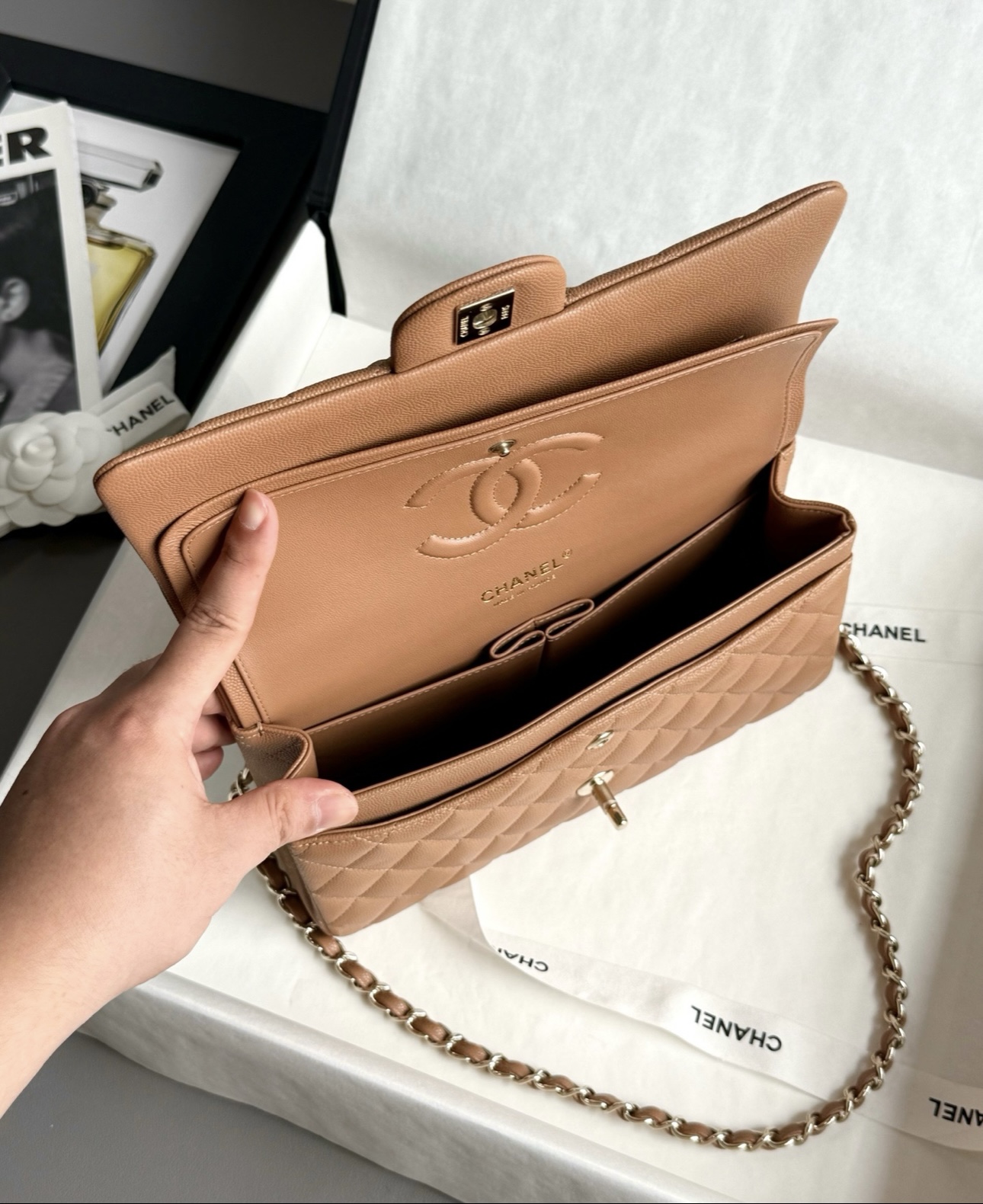 CHANEL Caramel Classique Flap Medium Handbag Caviar Leather - image 8