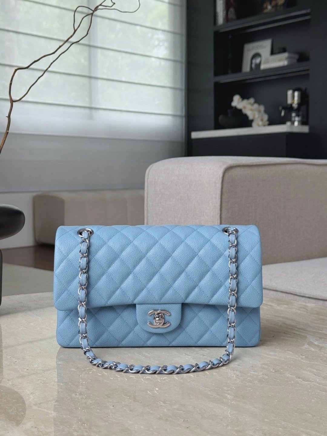 CHANEL Baby Blue Classique Flap Medium Handbag Silver Hardware - image 2
