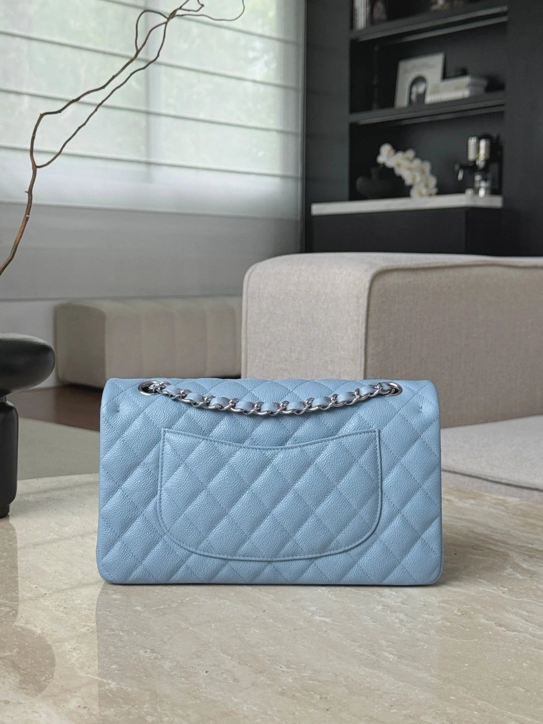 CHANEL Baby Blue Classique Flap Medium Handbag Silver Hardware - image 3