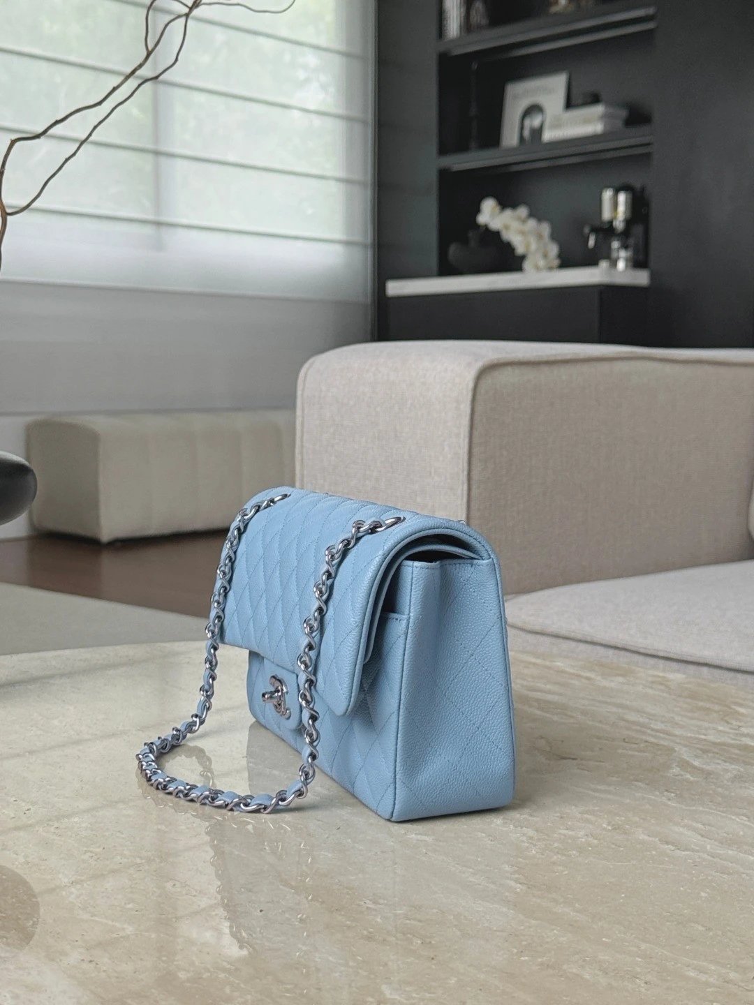 CHANEL Baby Blue Classique Flap Medium Handbag Silver Hardware - image 4