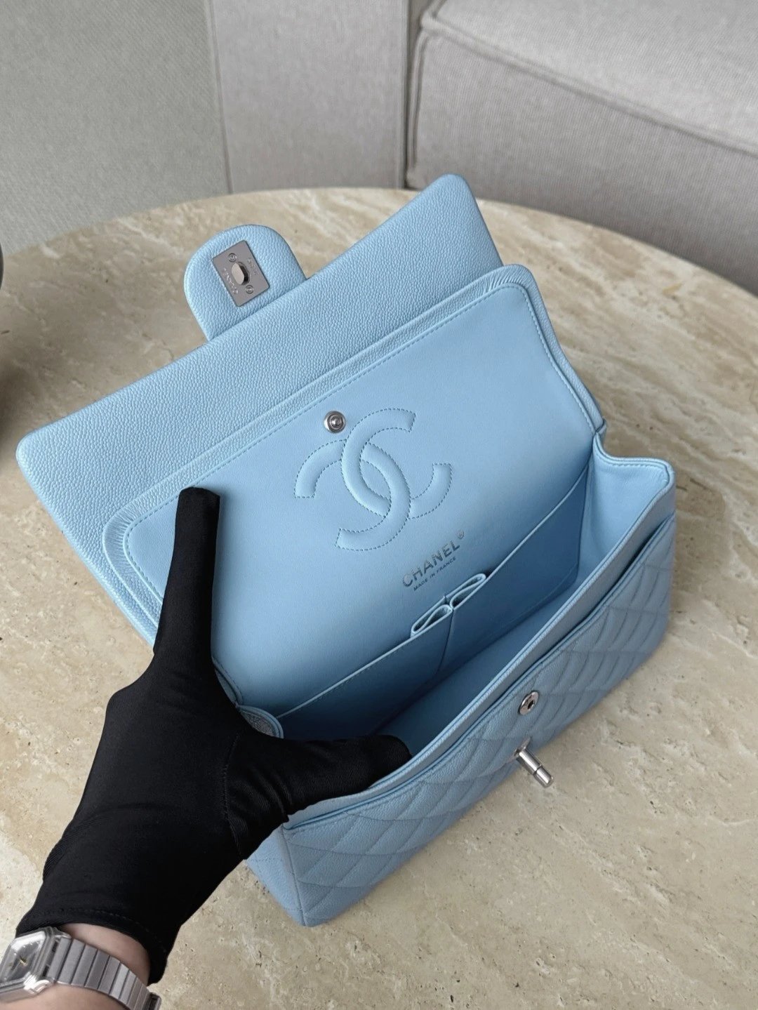 CHANEL Baby Blue Classique Flap Medium Handbag Silver Hardware - image 6