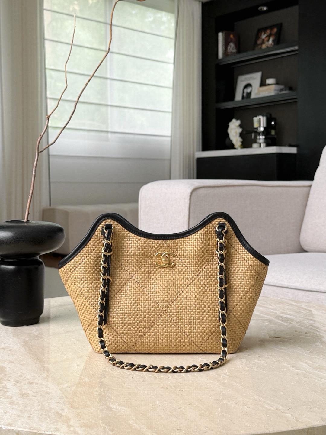 CHANEL MINI Coco Shopping Bag Raffia and Black Calfskin - image 2