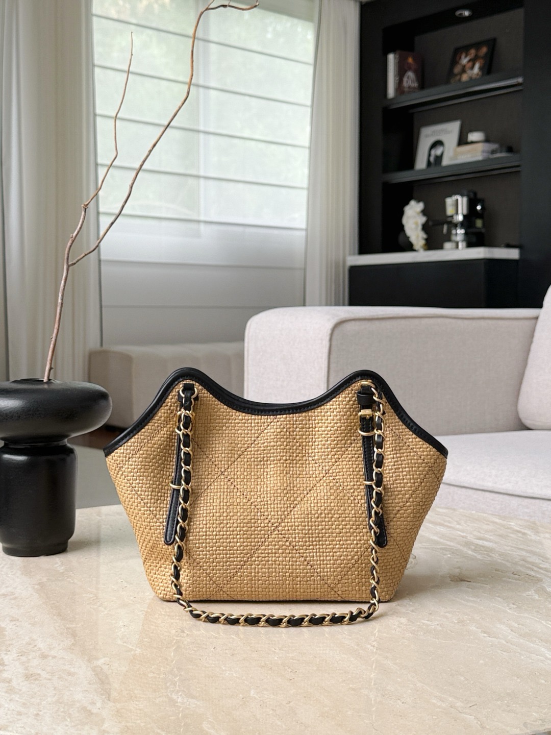 CHANEL MINI Coco Shopping Bag Raffia and Black Calfskin - image 3