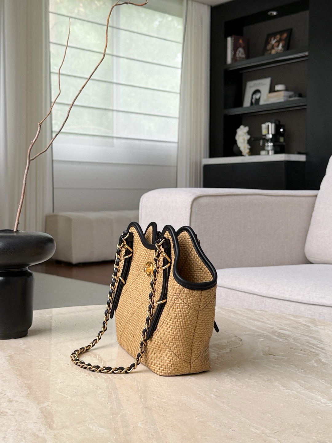 CHANEL MINI Coco Shopping Bag Raffia and Black Calfskin - image 4