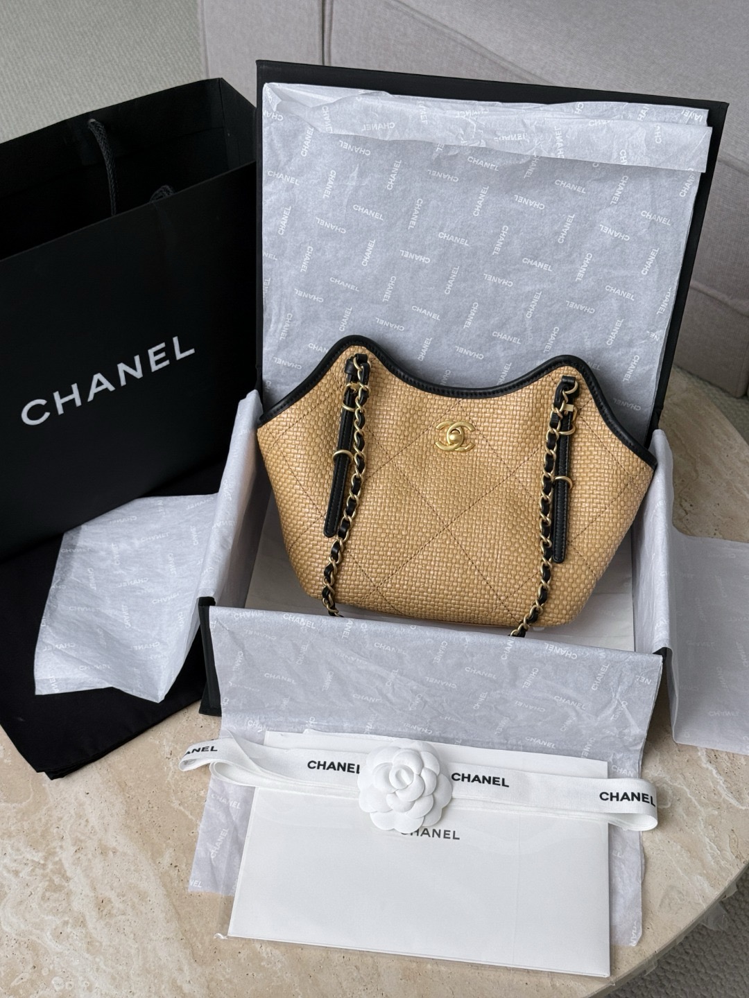 CHANEL MINI Coco Shopping Bag Raffia and Black Calfskin - image 8
