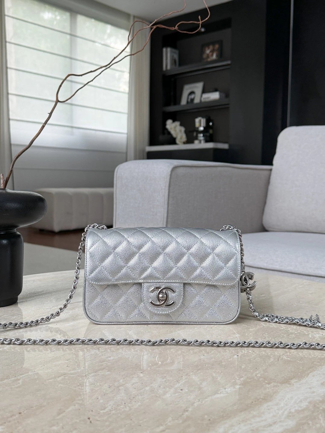 CHANEL Metallic Caviar Quilted Mini Rectangular CC Slide Flap Silver - image 2