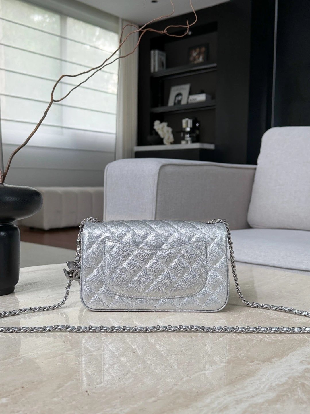 CHANEL Metallic Caviar Quilted Mini Rectangular CC Slide Flap Silver - image 3