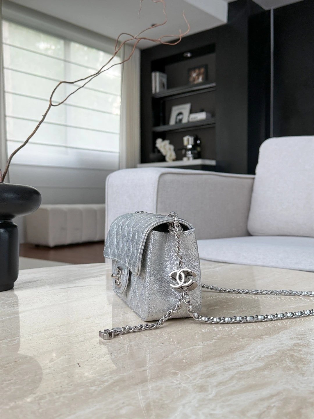 CHANEL Metallic Caviar Quilted Mini Rectangular CC Slide Flap Silver - image 4