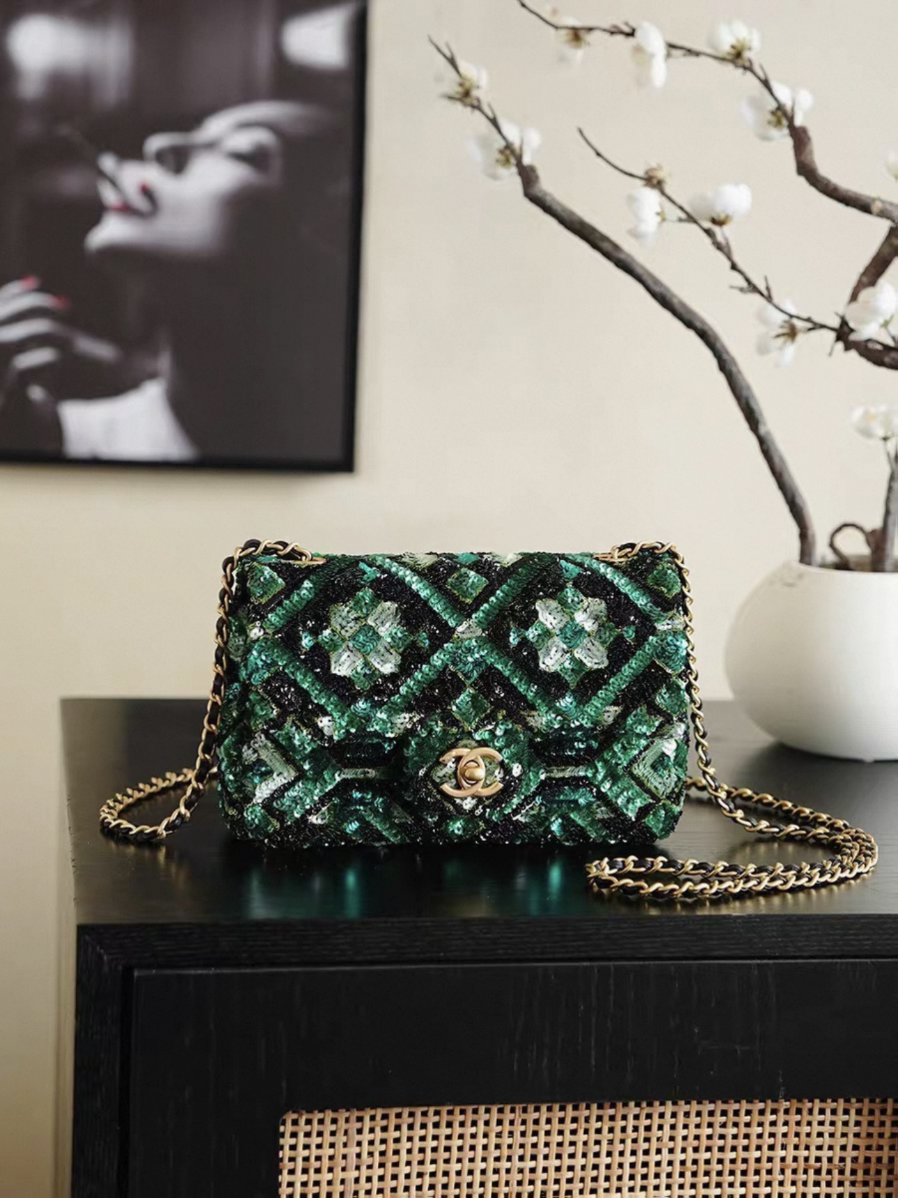CHANEL Green and Black Mosaic Sequin Mini Flap Bag Gold Hardware - image 2
