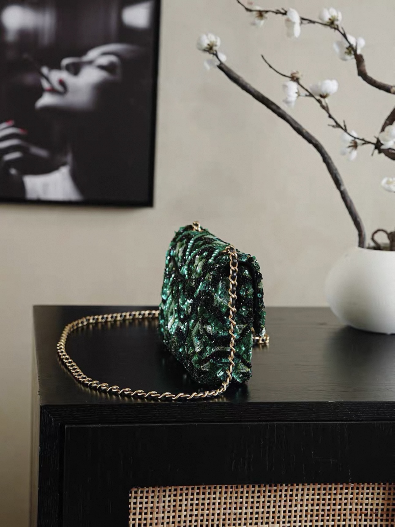 CHANEL Green and Black Mosaic Sequin Mini Flap Bag Gold Hardware - image 3
