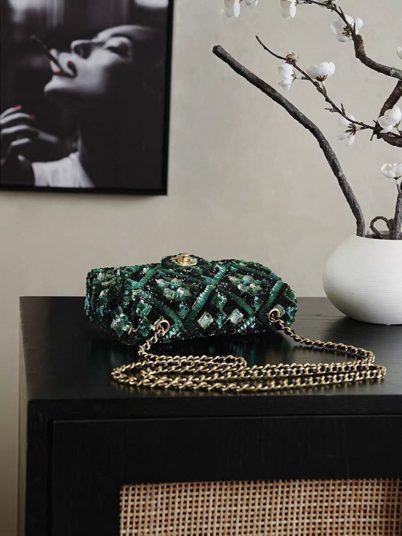 CHANEL Green and Black Mosaic Sequin Mini Flap Bag Gold Hardware - image 5