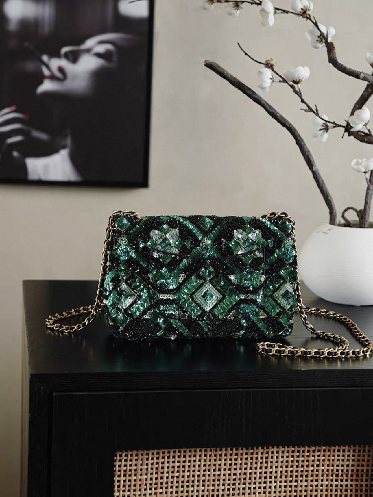 CHANEL Green and Black Mosaic Sequin Mini Flap Bag Gold Hardware - image 4