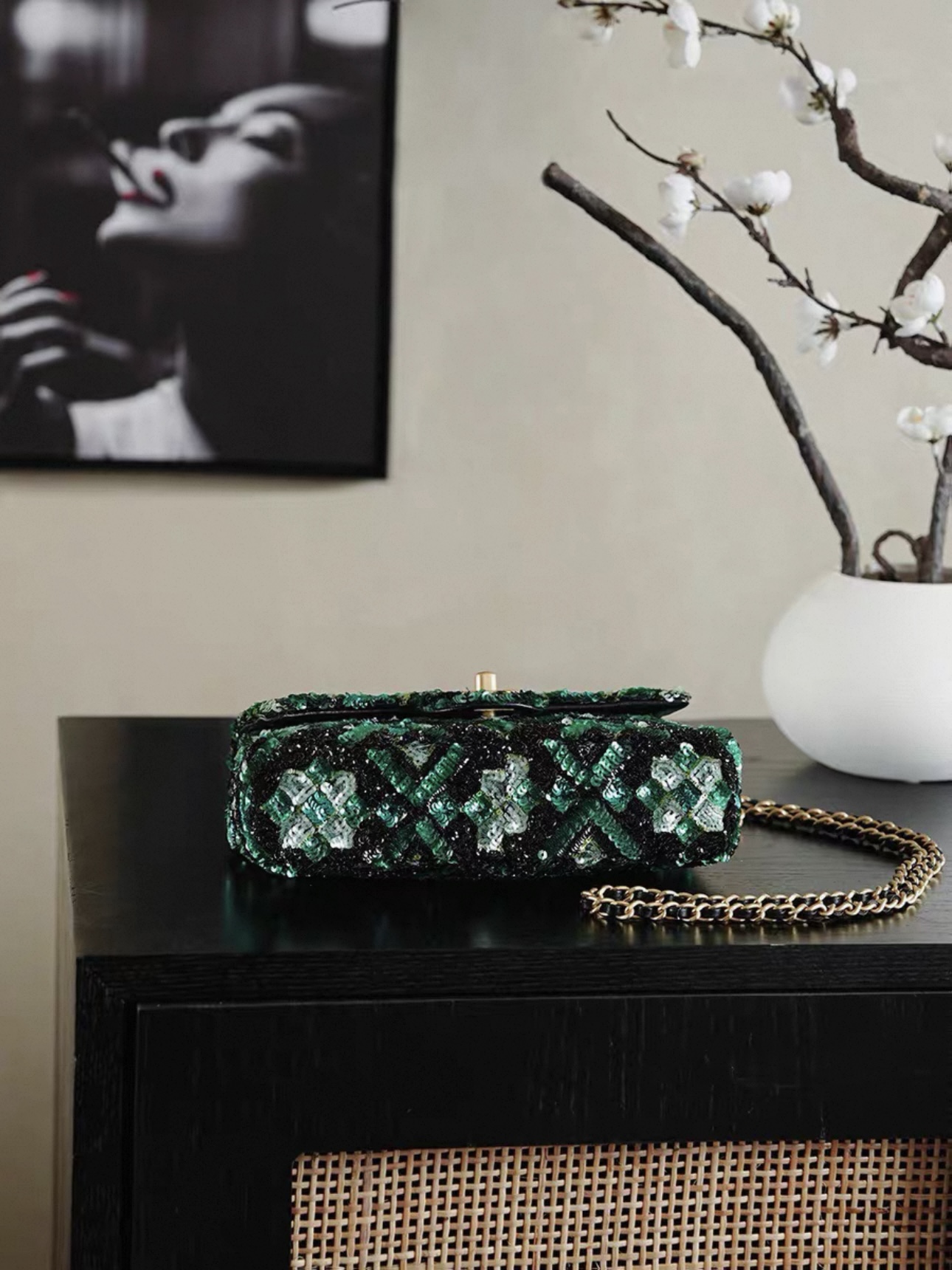 CHANEL Green and Black Mosaic Sequin Mini Flap Bag Gold Hardware - image 6