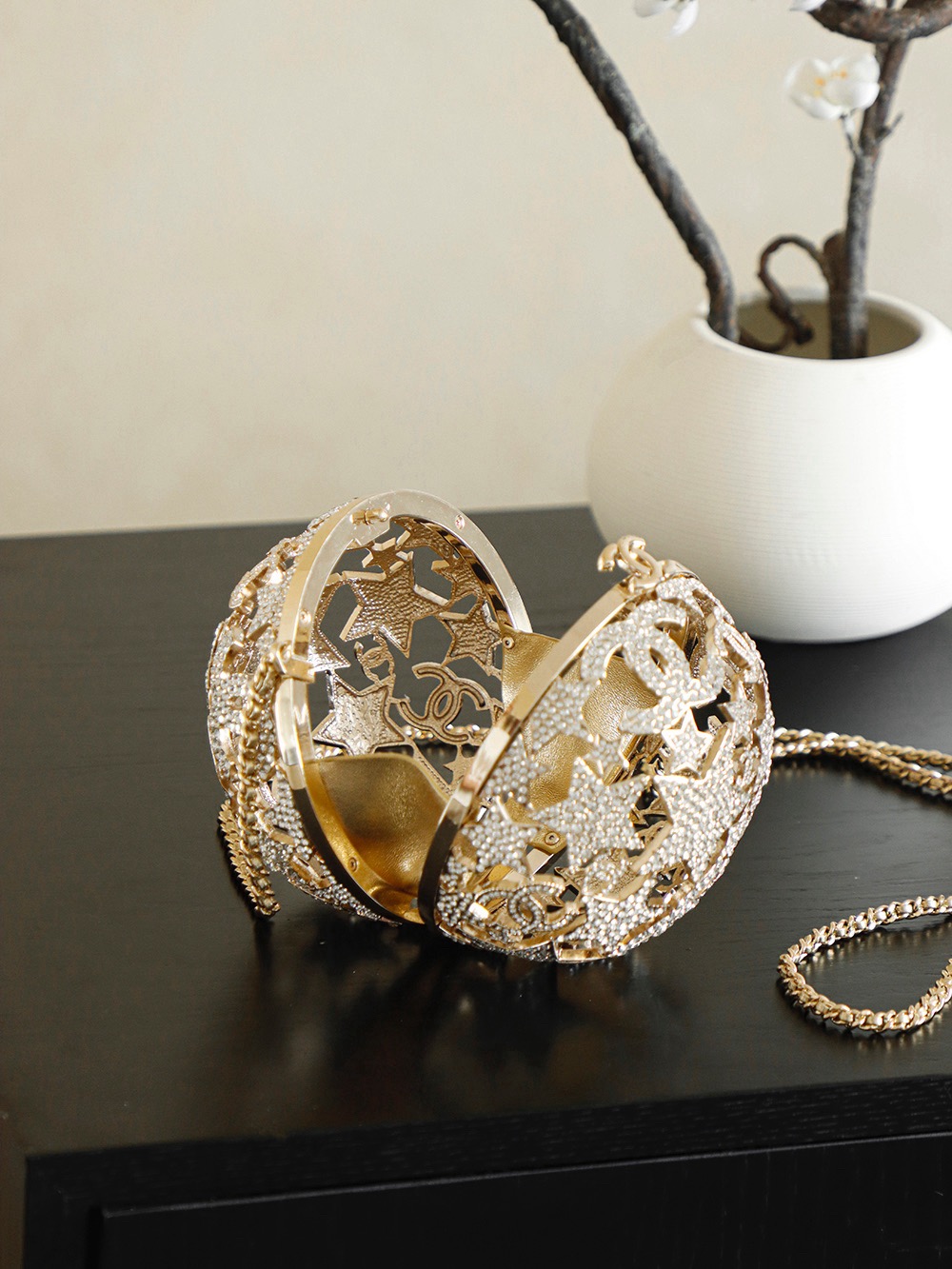 CHANEL Gold Metal Strass Crystal Sphere Minaudiere Clutch - image 6