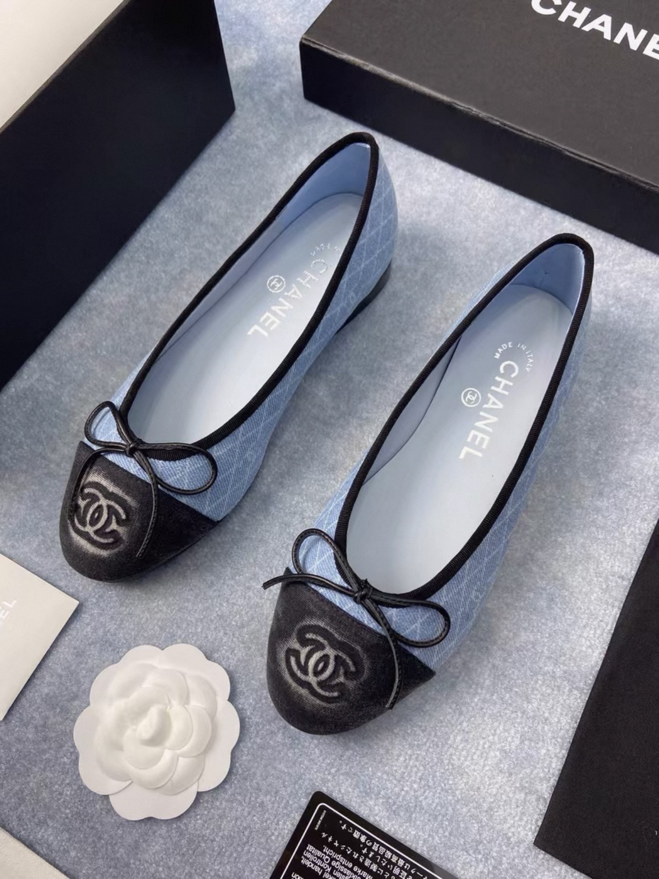 CHANEL Denim Printed Quilt CC Cap Toe Ballerina Flats - image 3
