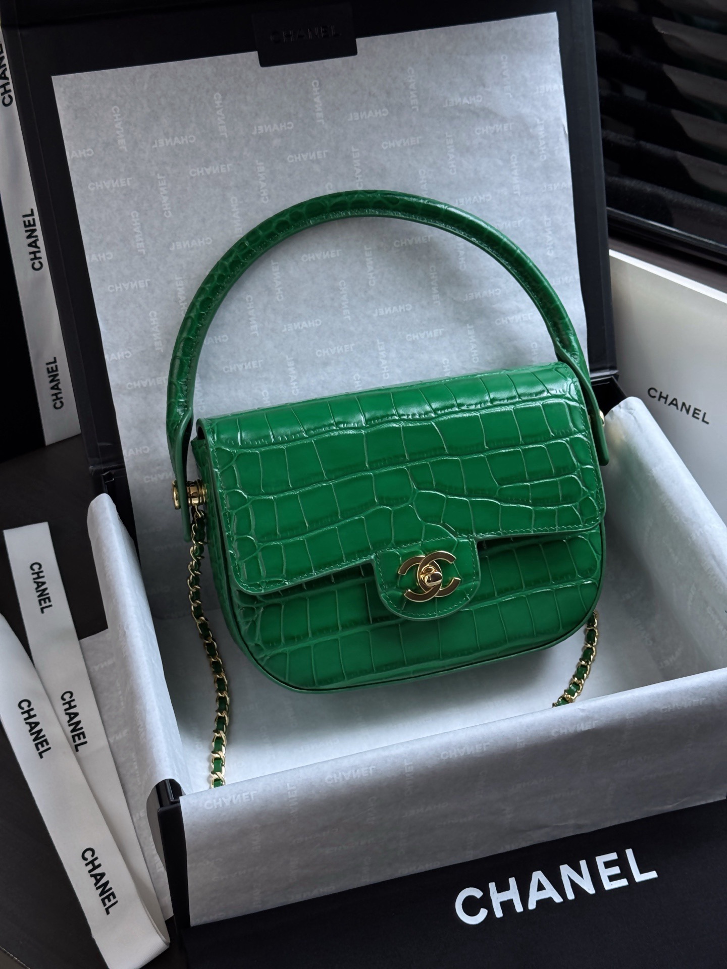 CHANEL Mini Flap Bag with Top Handle Crocodile Embossed Calfskin - image 2
