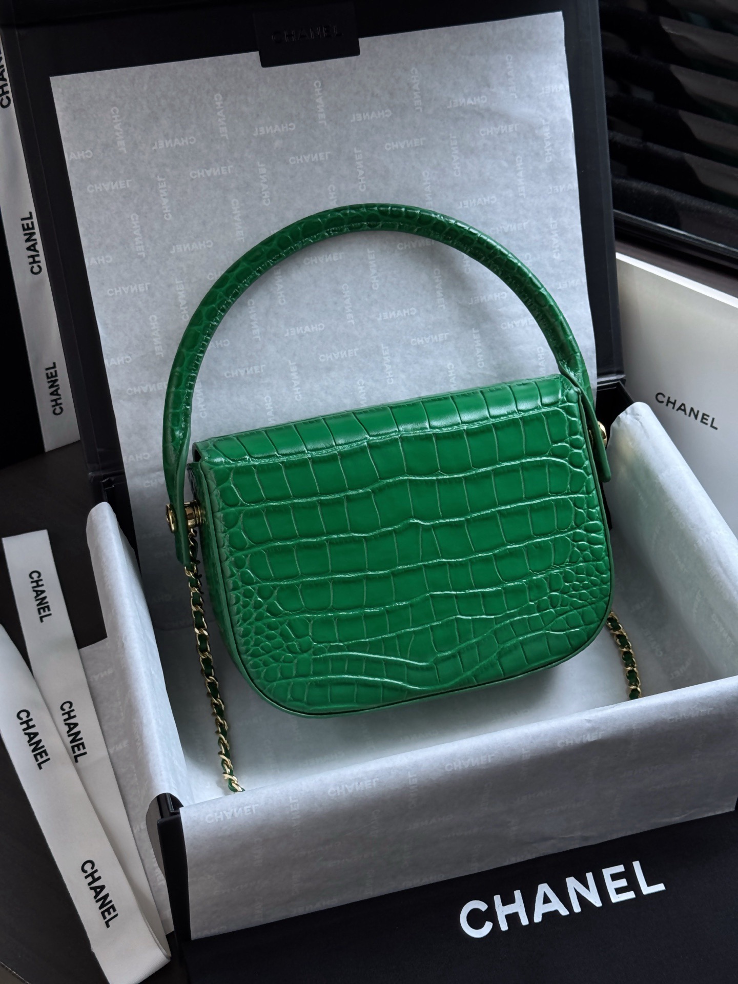 CHANEL Mini Flap Bag with Top Handle Crocodile Embossed Calfskin - image 3