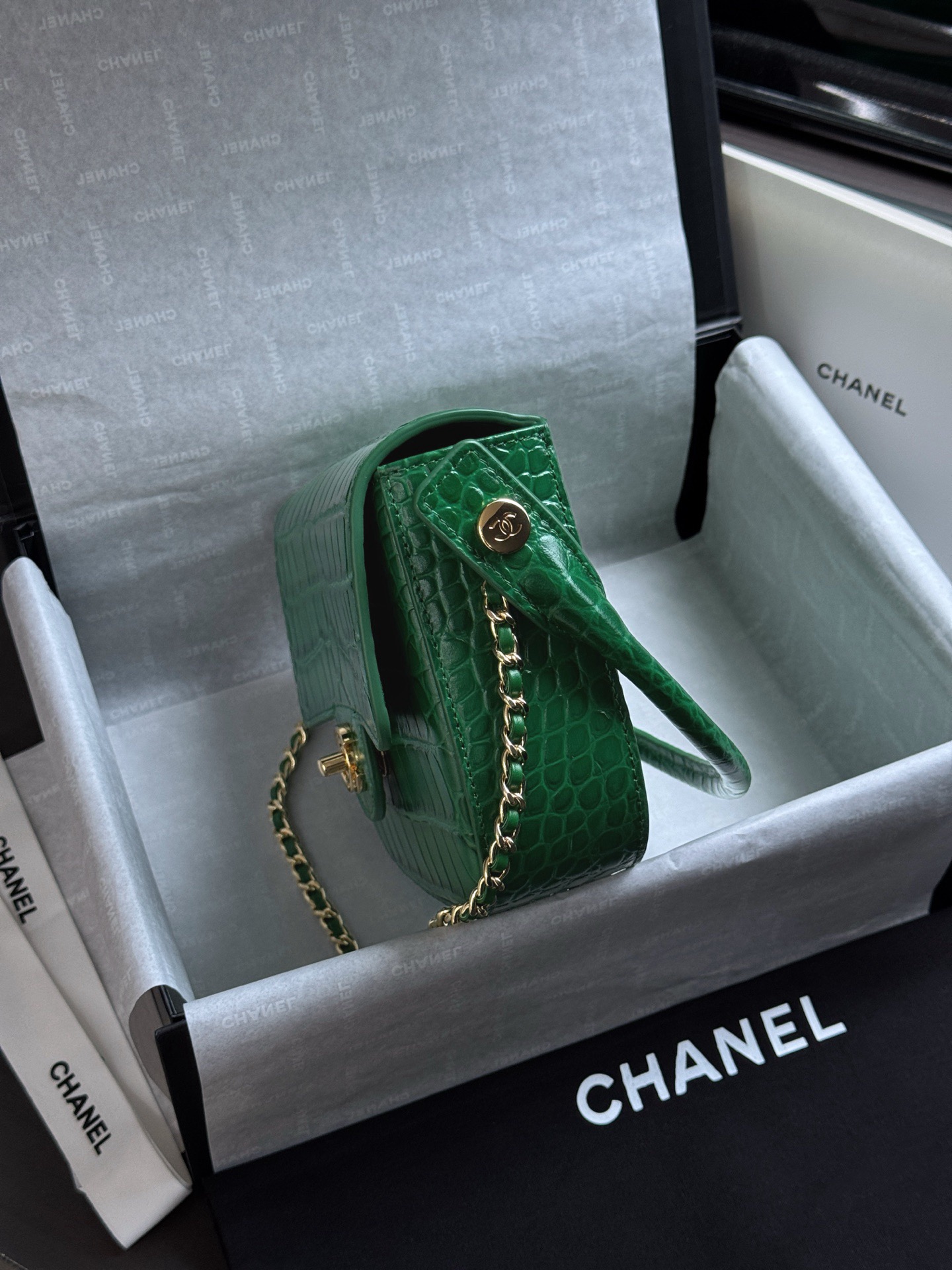 CHANEL Mini Flap Bag with Top Handle Crocodile Embossed Calfskin - image 4