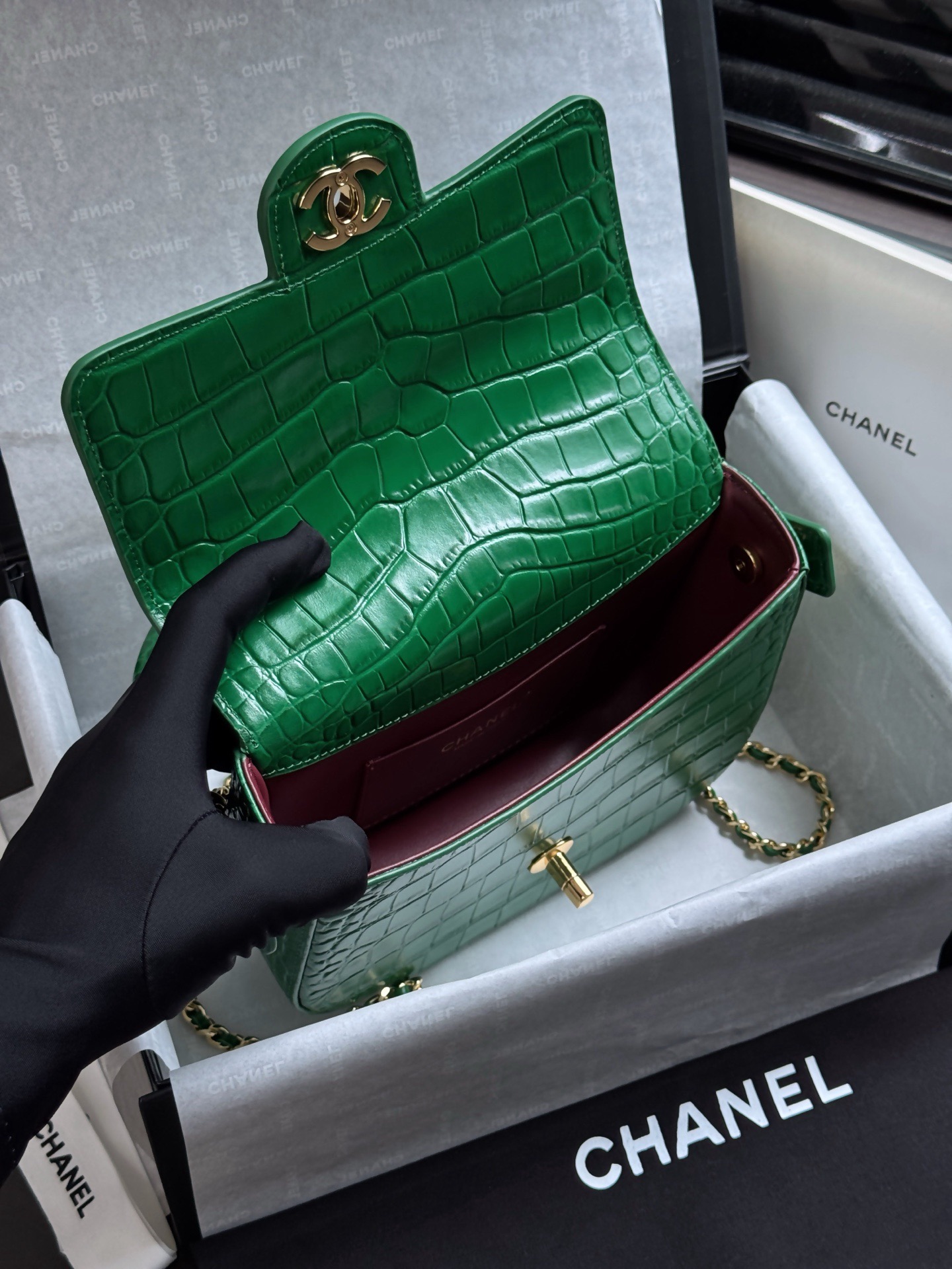 CHANEL Mini Flap Bag with Top Handle Crocodile Embossed Calfskin - image 6