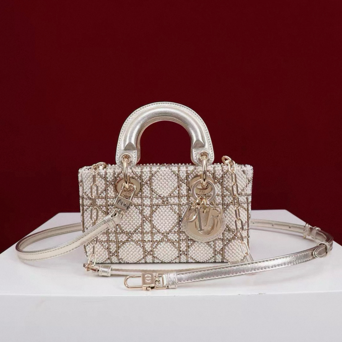 Micro Lady D-joy Lambskin Pearl Embroidered Gold - image 2