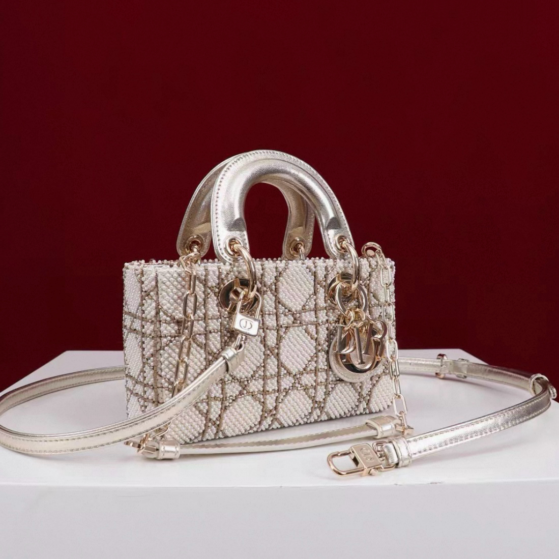 Micro Lady D-joy Lambskin Pearl Embroidered Gold - image 3
