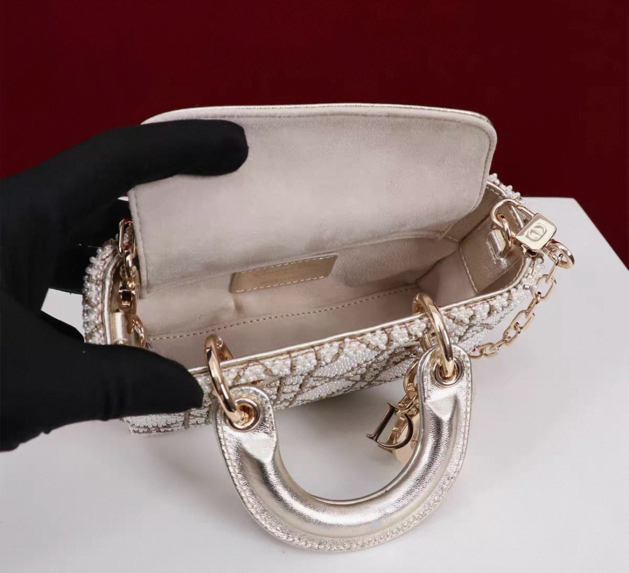 Micro Lady D-joy Lambskin Pearl Embroidered Gold - image 7