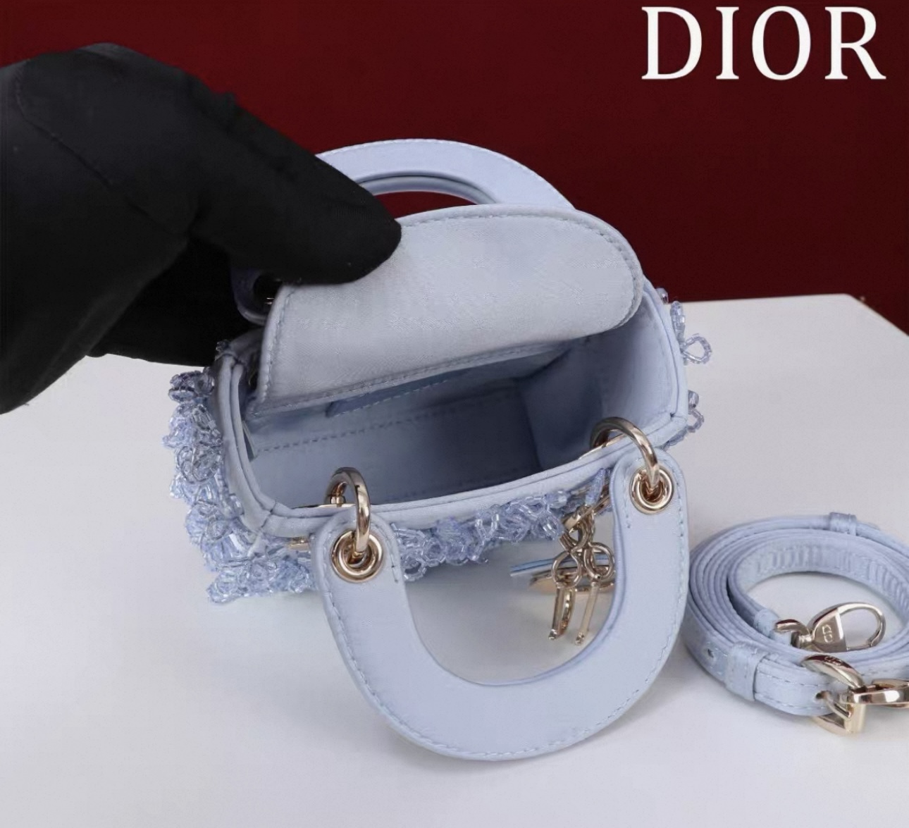 DIOR Lady Dior Mirco Ice Crystal Blue Embroidered Beaded Bag - image 7
