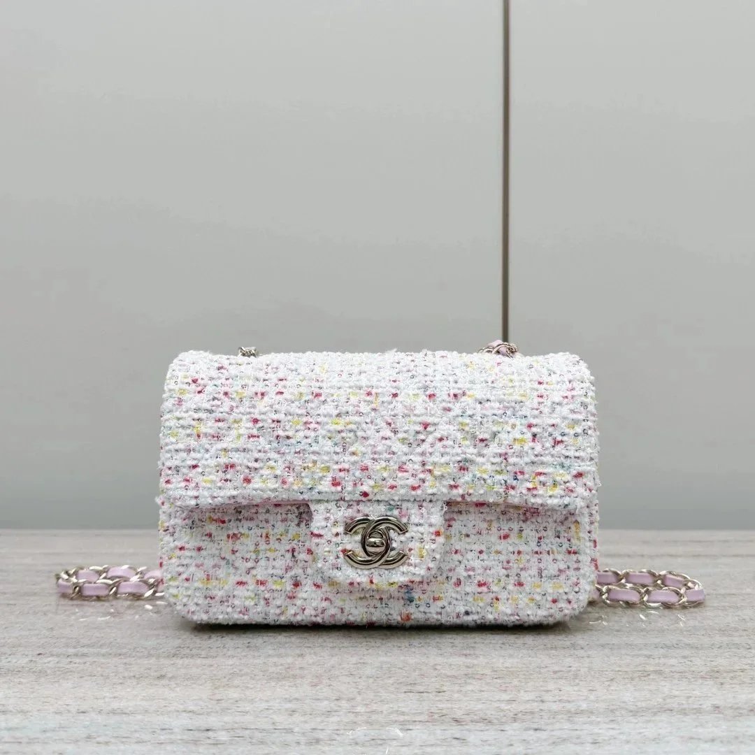 CHANEL Tweed Sequin Quilted Mini Rectangular Flap White Pink - image 2